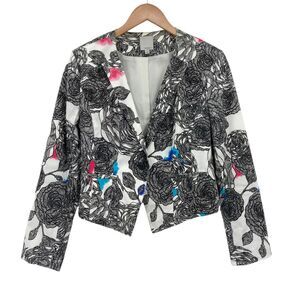 Halogen Blazer Jacket Womens Petite Medium White Black Floral Single Breasted